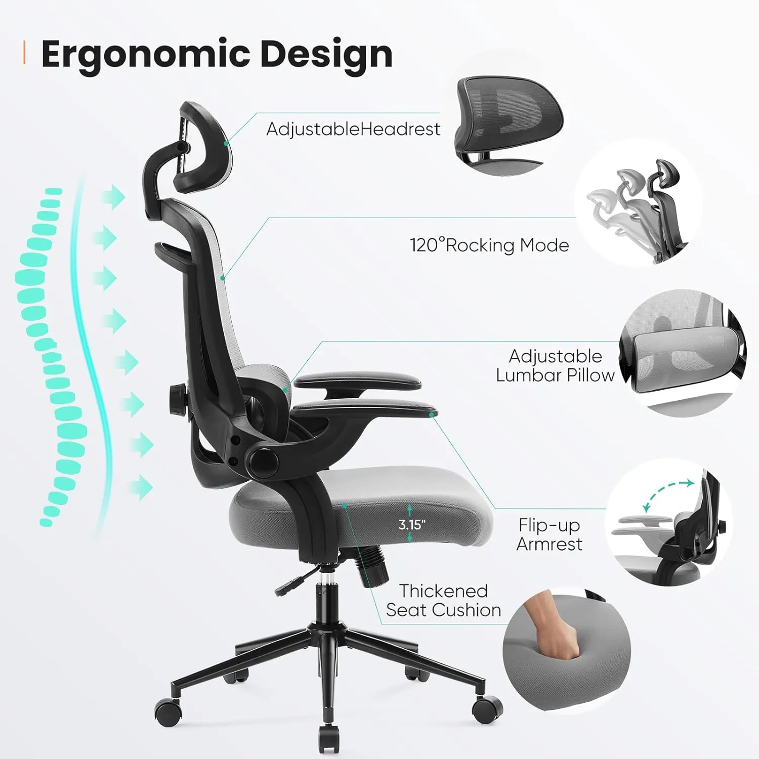 Sweetcrispy Ergonomic Office Chair, High Back with 2D Headrest, Up&Down Lumbar Support, Swivel Computer Task Mesh Desk Chairs with Adjustable Flip-up Armrests,Light Grey