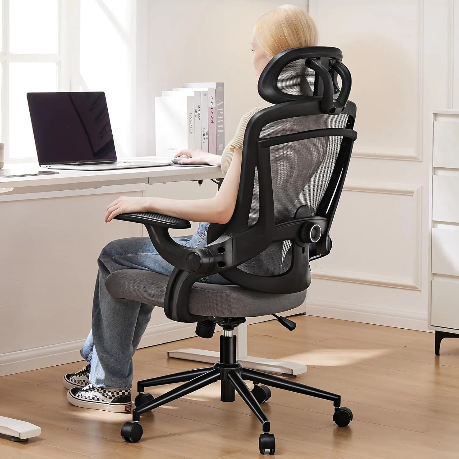 Sweetcrispy Ergonomic Office Chair, High Back with 2D Headrest, Up&Down Lumbar Support, Swivel Computer Task Mesh Desk Chairs with Adjustable Flip-up Armrests,Light Grey