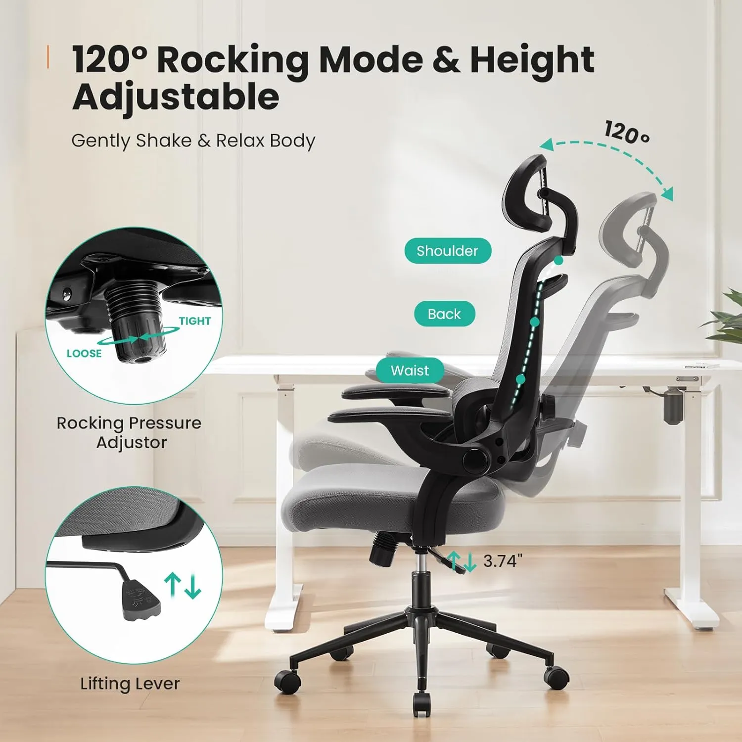 Sweetcrispy Ergonomic Office Chair, High Back with 2D Headrest, Up&Down Lumbar Support, Swivel Computer Task Mesh Desk Chairs with Adjustable Flip-up Armrests,Light Grey