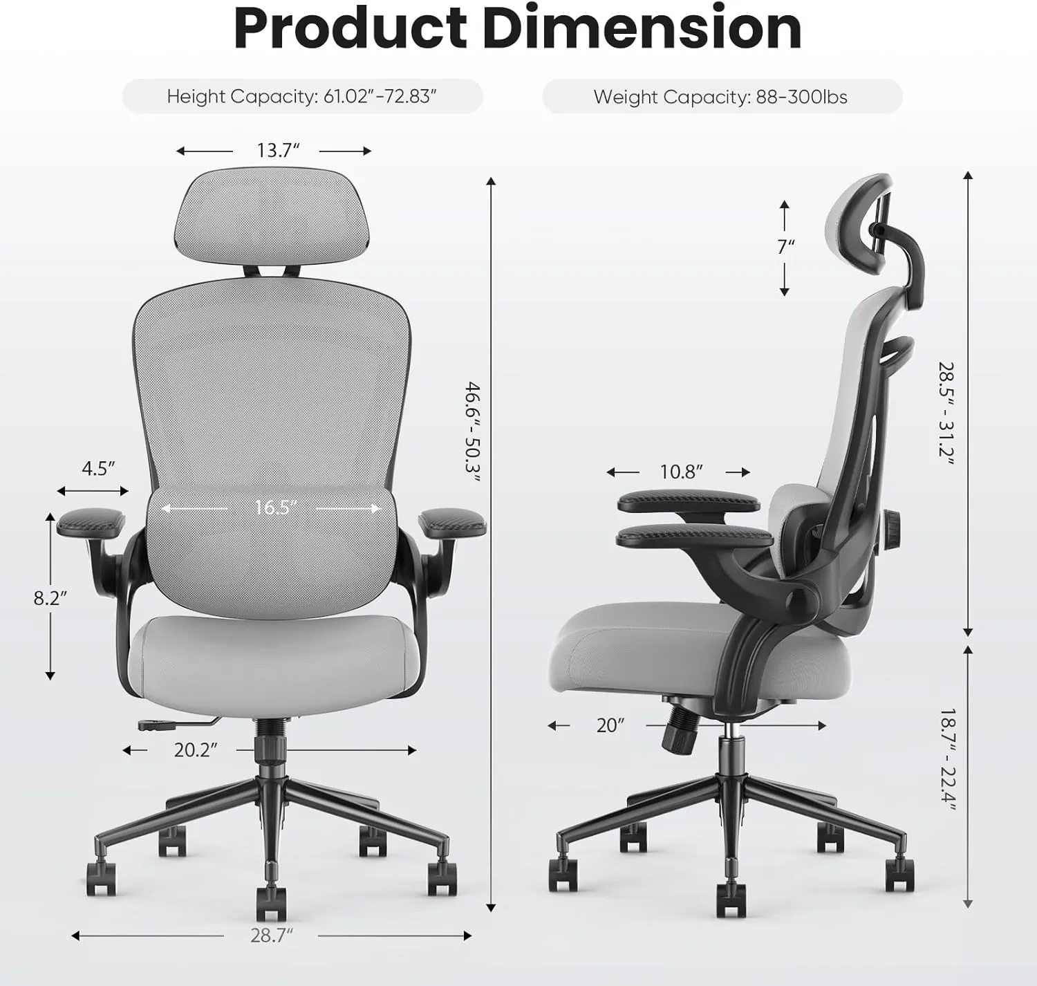 Sweetcrispy Ergonomic Office Chair, High Back with 2D Headrest, Up&Down Lumbar Support, Swivel Computer Task Mesh Desk Chairs with Adjustable Flip-up Armrests,Light Grey