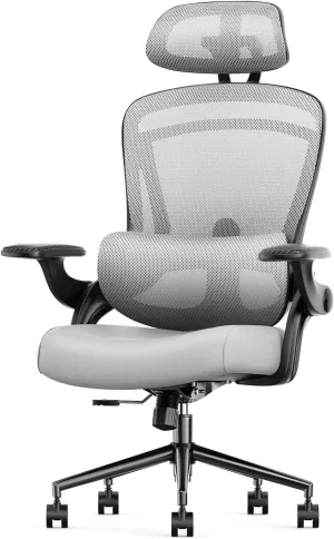 Sweetcrispy Ergonomic Office Chair, High Back with 2D Headrest, Up&Down Lumbar Support, Swivel Computer Task Mesh Desk Chairs with Adjustable Flip-up Armrests,Light Grey