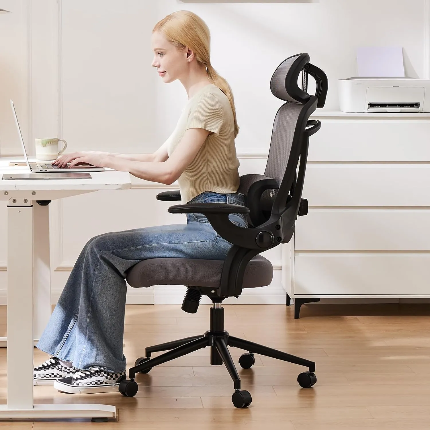 Sweetcrispy Ergonomic Office Chair, High Back with 2D Headrest, Up&Down Lumbar Support, Swivel Computer Task Mesh Desk Chairs with Adjustable Flip-up Armrests,Light Grey