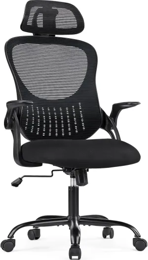Sweetcrispy Office Computer Desk Chair, Ergonomic High-Back Mesh Rolling Work Chairs with Wheels and Adjustable Headrests, Comfortable Lumbar Support, Comfy Flip-up Arms for Home,Bedroom,Study, Black