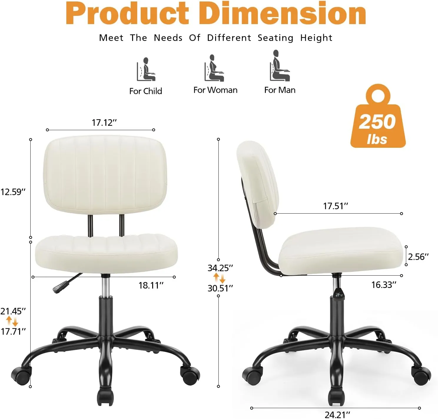Sweetcrispy Small Office Computer Desk Chair with Wheels and Lumbar Support, Comfy Cute Armlees PU Leather Vanity Rolling Swuvel Task Chair No Arm for Adult, Student