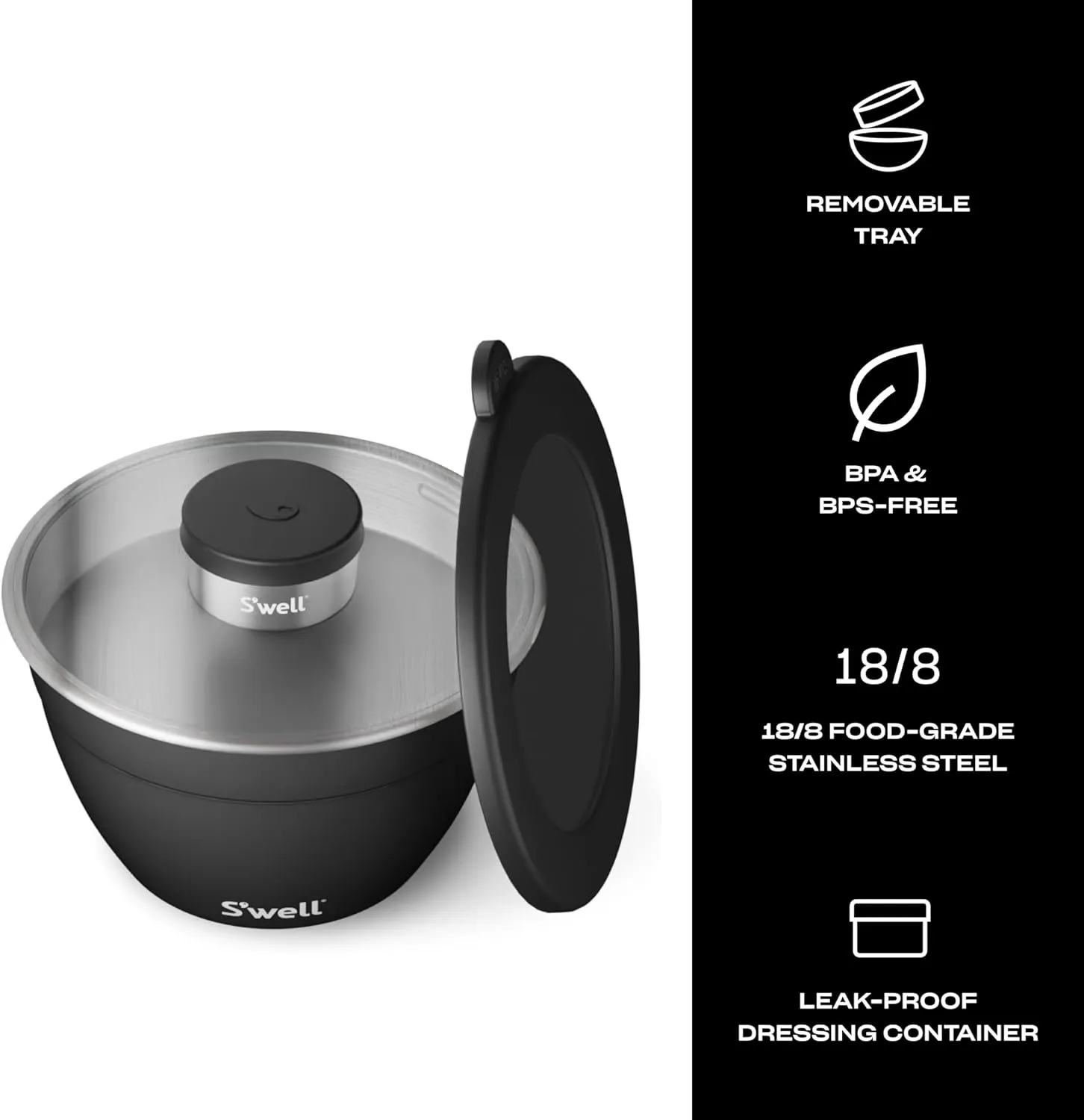 S'well Stainless Steel Salad Bowl Kit - 64oz, Onyx - Comes with 2oz Condiment Container and Removable Tray for Organization - Leak-Proof, Easy to Clean, Dishwasher Safe