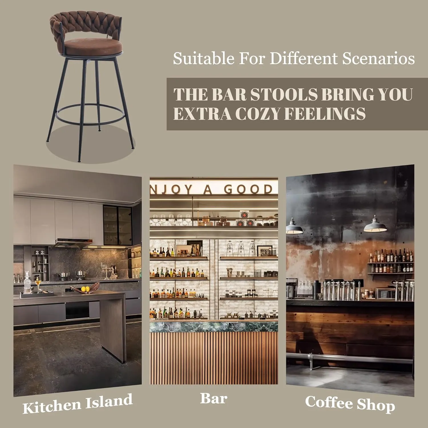 Swivel Bar Stools Set of 2, 28 Inches Modern Counter Height Bar Stools with Woven Back, Upholstered Suede Tall Barstools for Kitchen Island, Cafe, Dark Brown