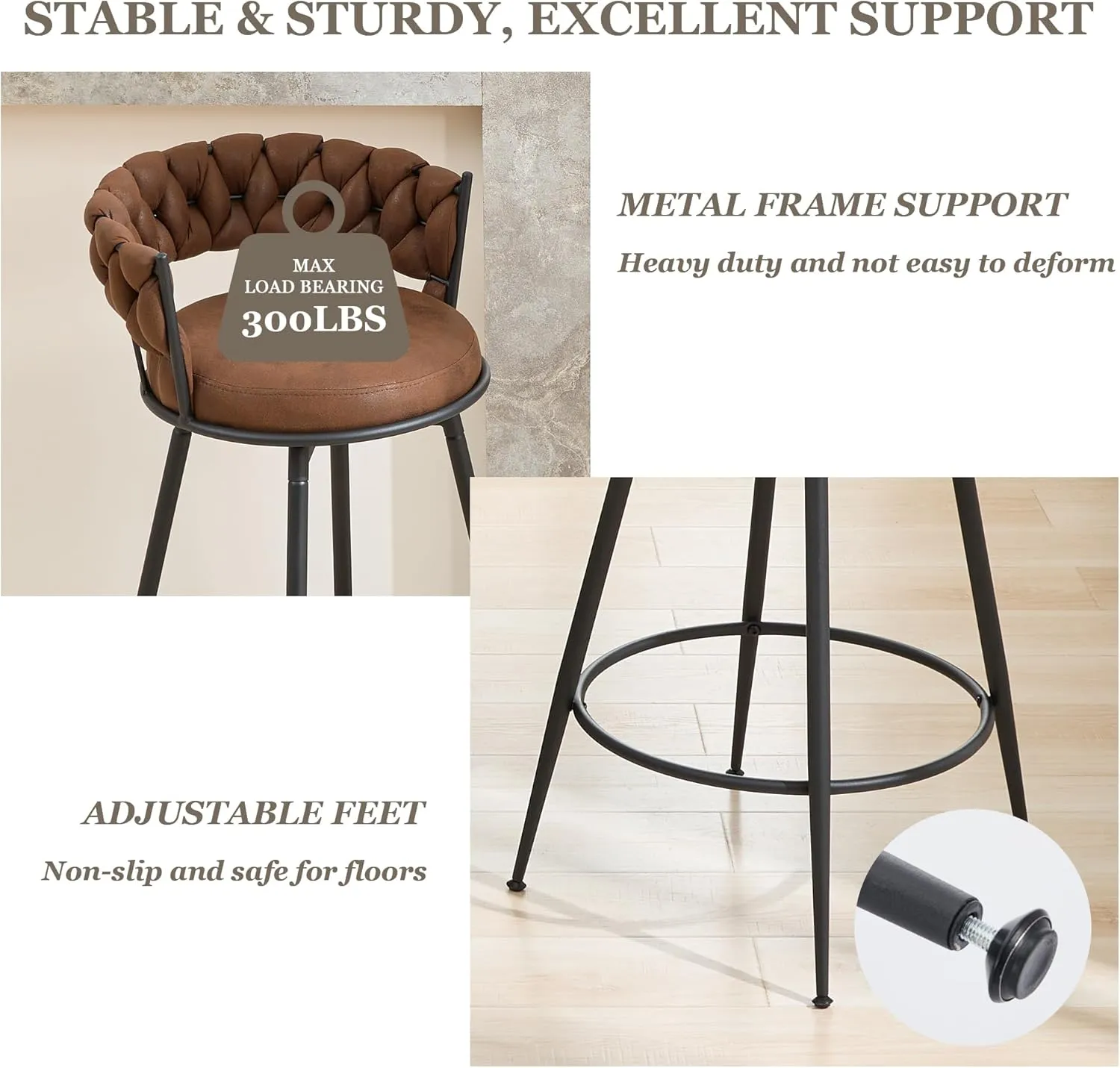 Swivel Bar Stools Set of 2, 28 Inches Modern Counter Height Bar Stools with Woven Back, Upholstered Suede Tall Barstools for Kitchen Island, Cafe, Dark Brown