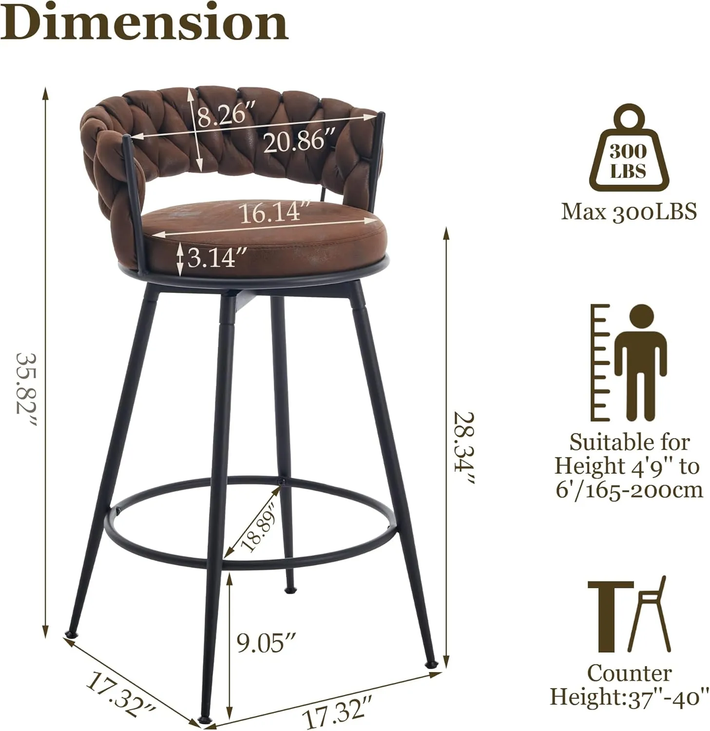 Swivel Bar Stools Set of 2, 28 Inches Modern Counter Height Bar Stools with Woven Back, Upholstered Suede Tall Barstools for Kitchen Island, Cafe, Dark Brown