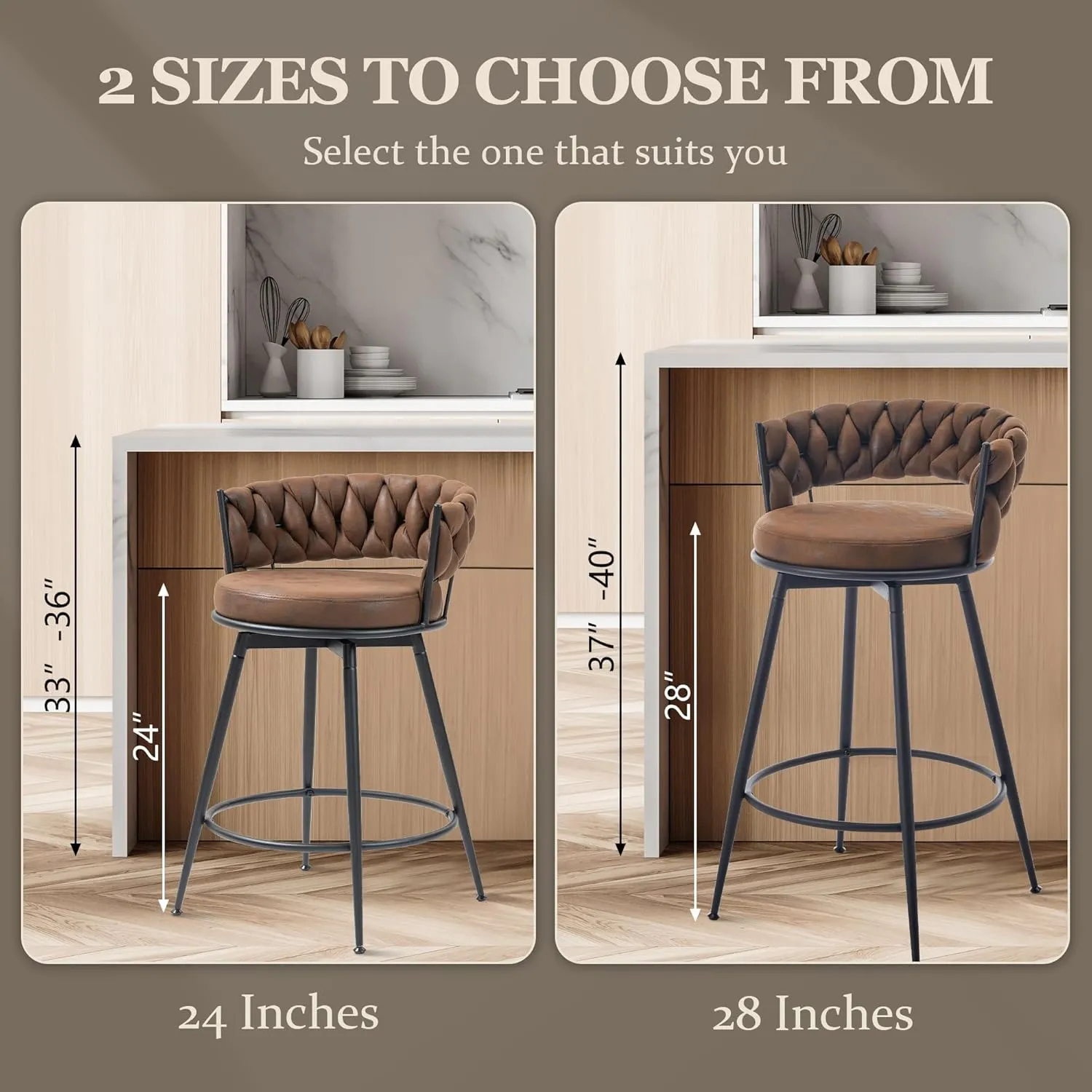 Swivel Bar Stools Set of 2, 28 Inches Modern Counter Height Bar Stools with Woven Back, Upholstered Suede Tall Barstools for Kitchen Island, Cafe, Dark Brown