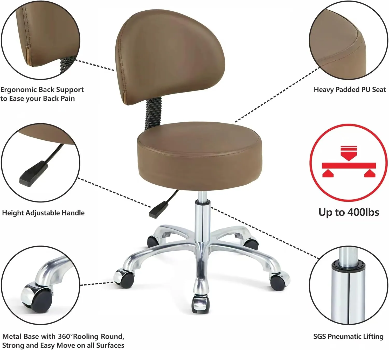 Swivel Rolling Stool Round Chair with Back,Thick Sturdy Padding,Adjustable Stool with Wheels with Back for Doctor,Massage Salon,Office,Home(Brown)