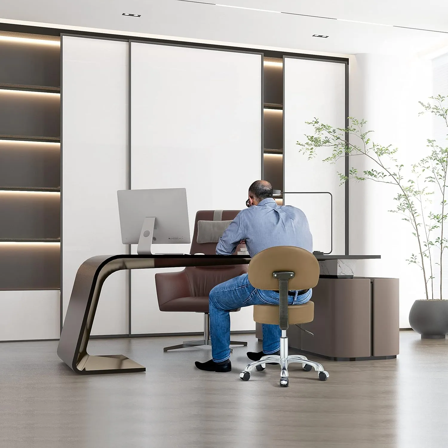 Swivel Rolling Stool Round Chair with Back,Thick Sturdy Padding,Adjustable Stool with Wheels with Back for Doctor,Massage Salon,Office,Home(Brown)