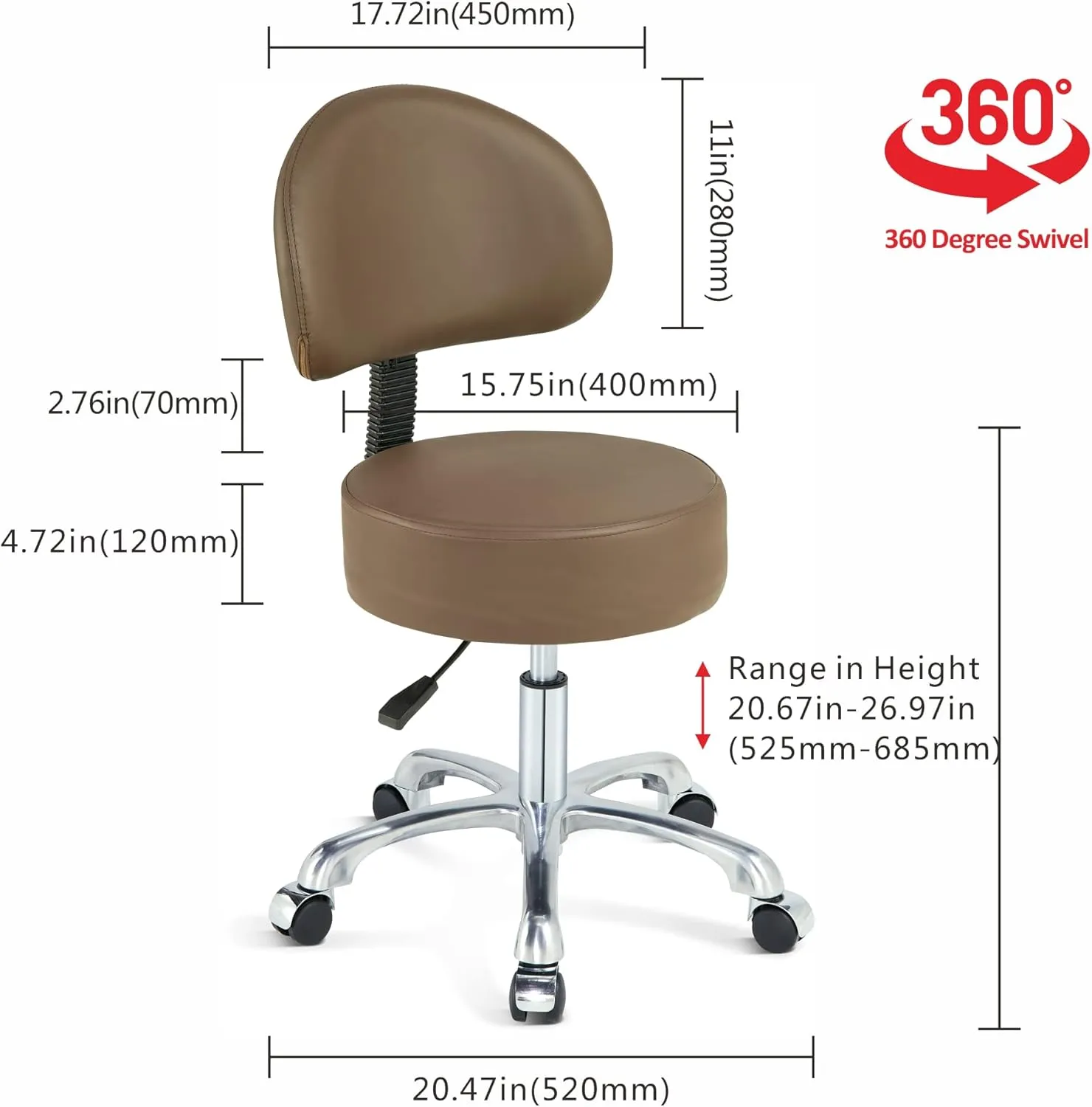 Swivel Rolling Stool Round Chair with Back,Thick Sturdy Padding,Adjustable Stool with Wheels with Back for Doctor,Massage Salon,Office,Home(Brown)