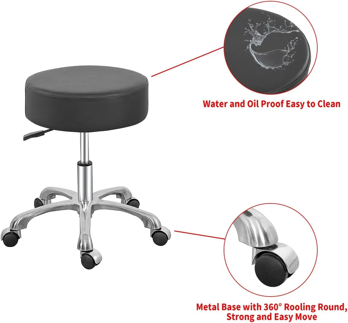 Swivel Rolling Stool Round Chair,Thick Sturdy Padding,Adjustable Stool with Wheels for Doctor,Medical,Massage Salon,Office,Shop(Black) (no Back, Black)