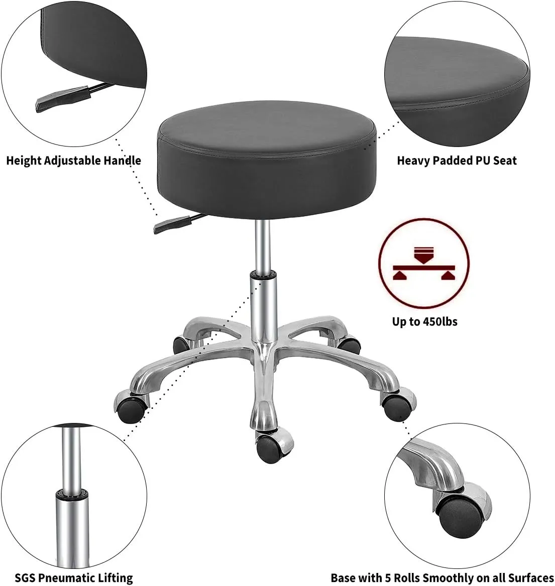Swivel Rolling Stool Round Chair,Thick Sturdy Padding,Adjustable Stool with Wheels for Doctor,Medical,Massage Salon,Office,Shop(Black) (no Back, Black)