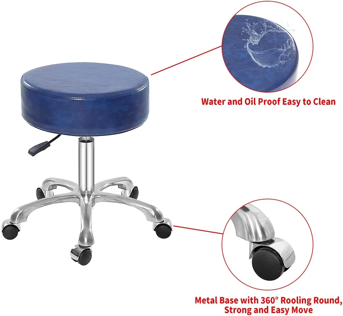 Swivel Rolling Stool Round Chair,Thick Sturdy Padding,Adjustable Stool with Wheels for Doctor,Medical,Massage Salon,Office,Shop(no Back, Blue)