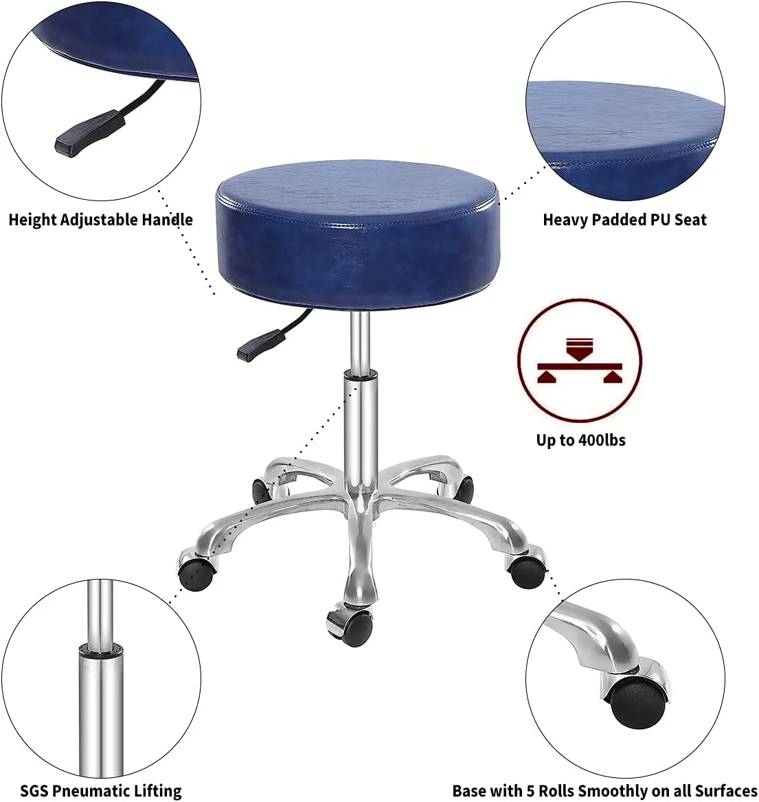 Swivel Rolling Stool Round Chair,Thick Sturdy Padding,Adjustable Stool with Wheels for Doctor,Medical,Massage Salon,Office,Shop(no Back, Blue)