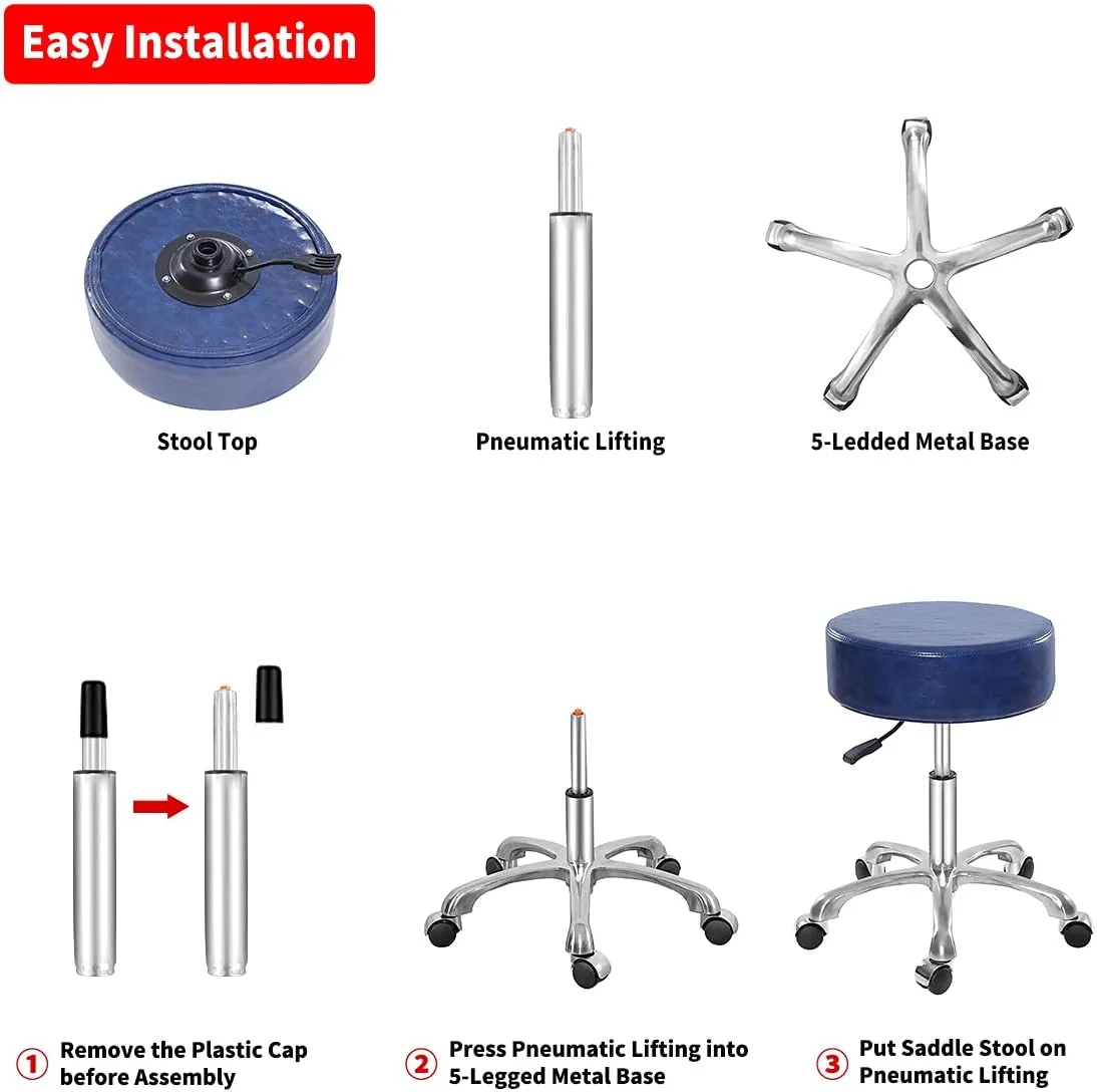 Swivel Rolling Stool Round Chair,Thick Sturdy Padding,Adjustable Stool with Wheels for Doctor,Medical,Massage Salon,Office,Shop(no Back, Blue)