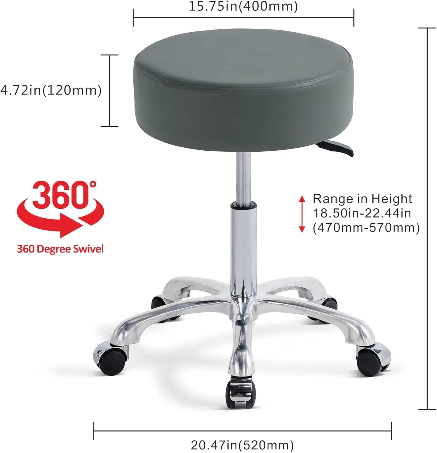 Swivel Rolling Stool Round Chair,Thick Sturdy Padding,Adjustable Stool with Wheels for Doctor,Medical,Massage Salon,Office,Shop(no Back, Gray)