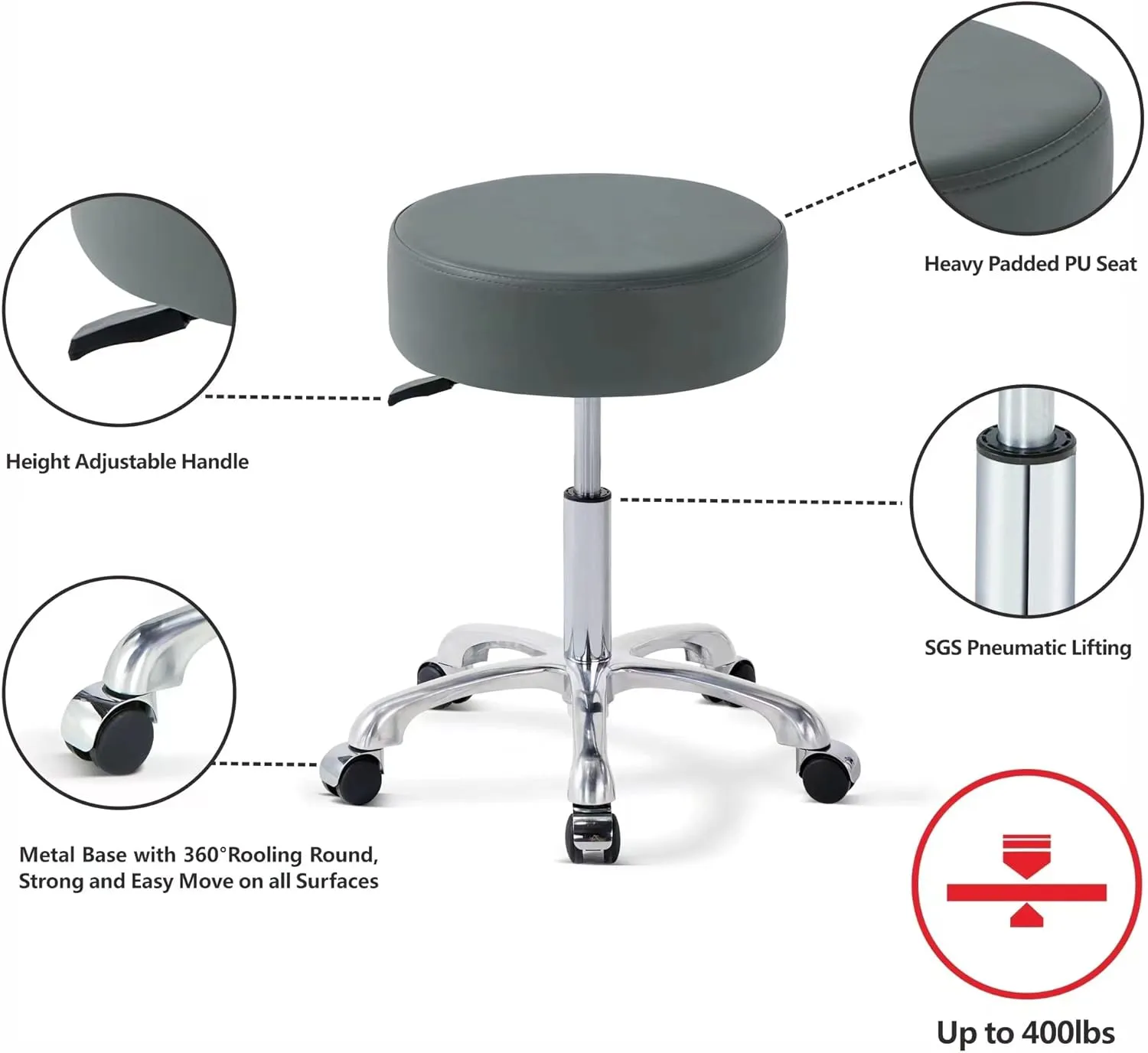 Swivel Rolling Stool Round Chair,Thick Sturdy Padding,Adjustable Stool with Wheels for Doctor,Medical,Massage Salon,Office,Shop(no Back, Gray)