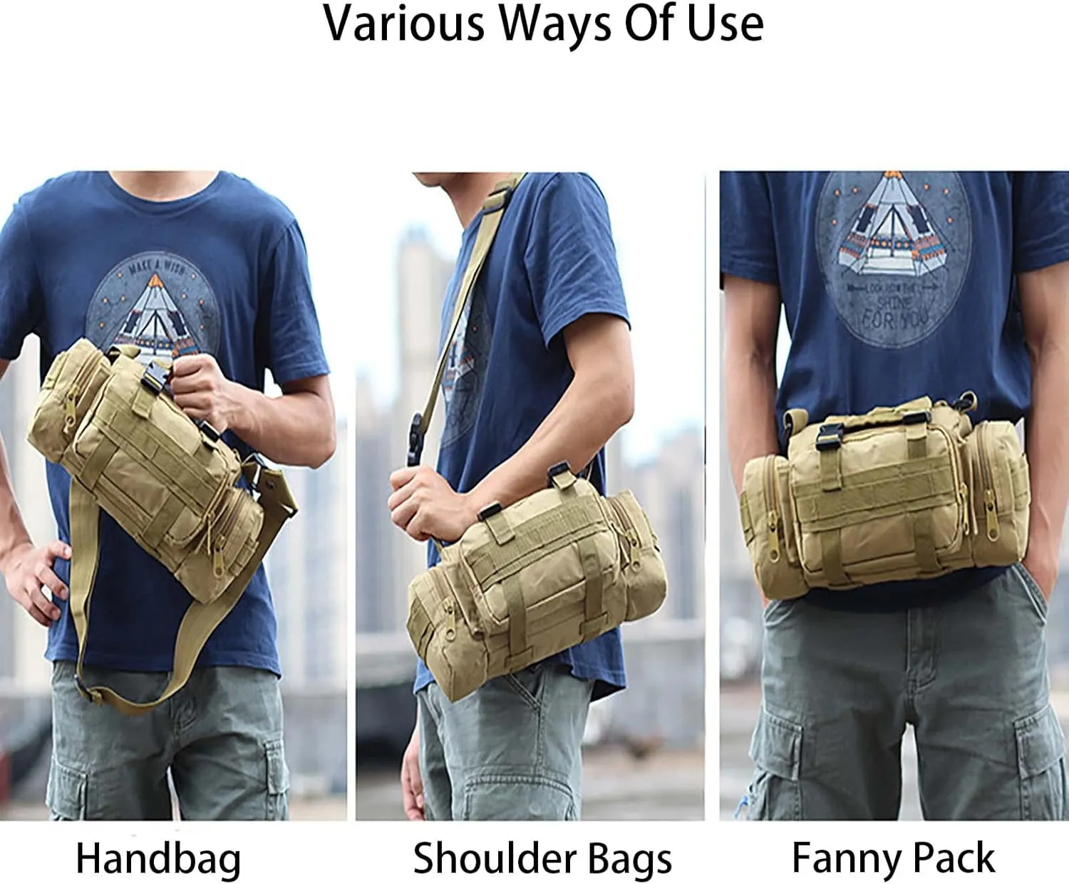 Tactical Fanny Pack Mens Molle EDC Convertible Pouch Waist Shoulder Sling Belt Crossbady Bag Pack with Top Handle (Khaki)