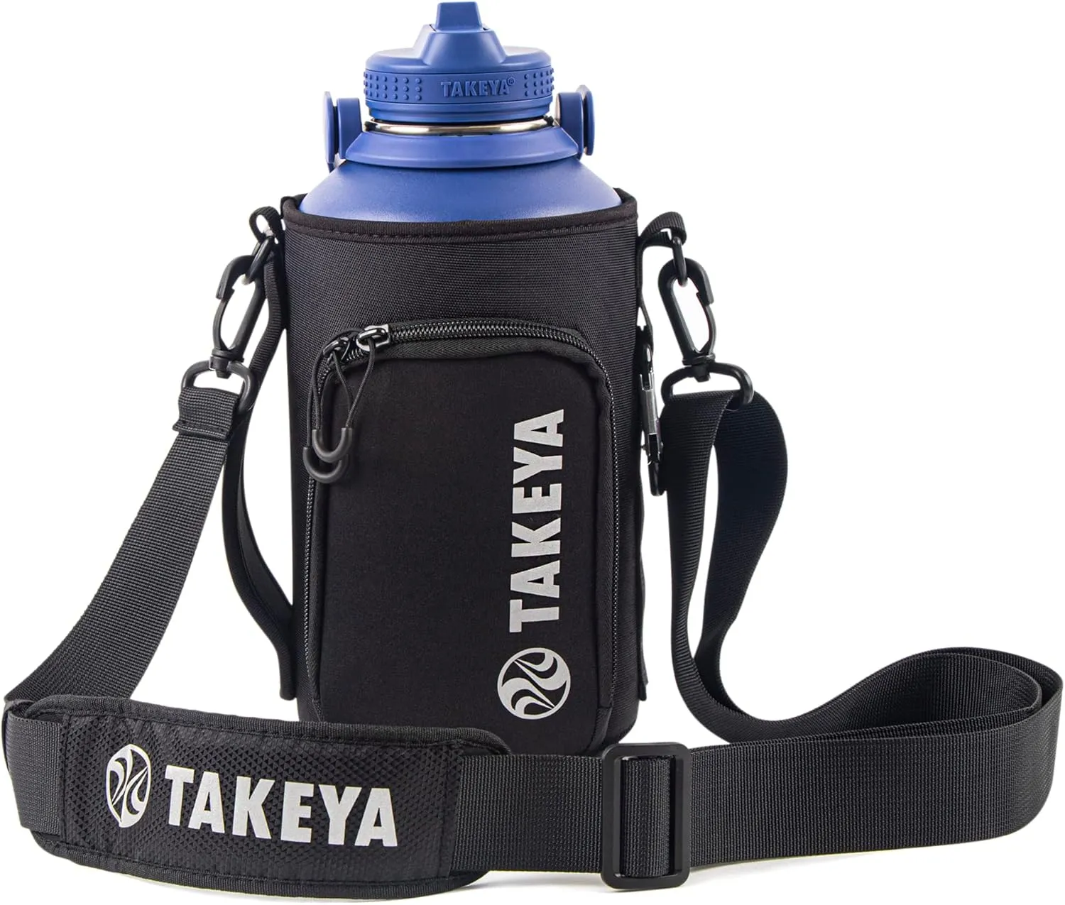 Takeya Hydrotex Easy Grip Bottle Sling - Water Bottle Carrier with Strap & Pockets - Bag Fits 64 oz Bottles - Great for Pickleball & Tennis Courts - Durable Bottle Bag with Carabiners