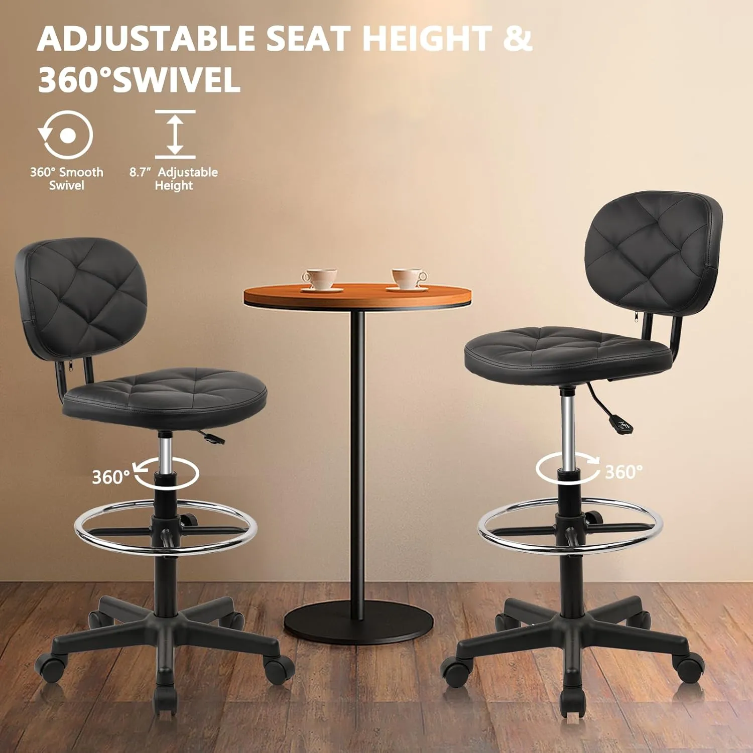 Tall Drafting Rolling Stool Chair with Low Back Support and Adjustable Foot Rest Ring Set of 2 PU Leather Vinly Wide Seat Swivel Standing Desk Chair for Office Home 2 Pack