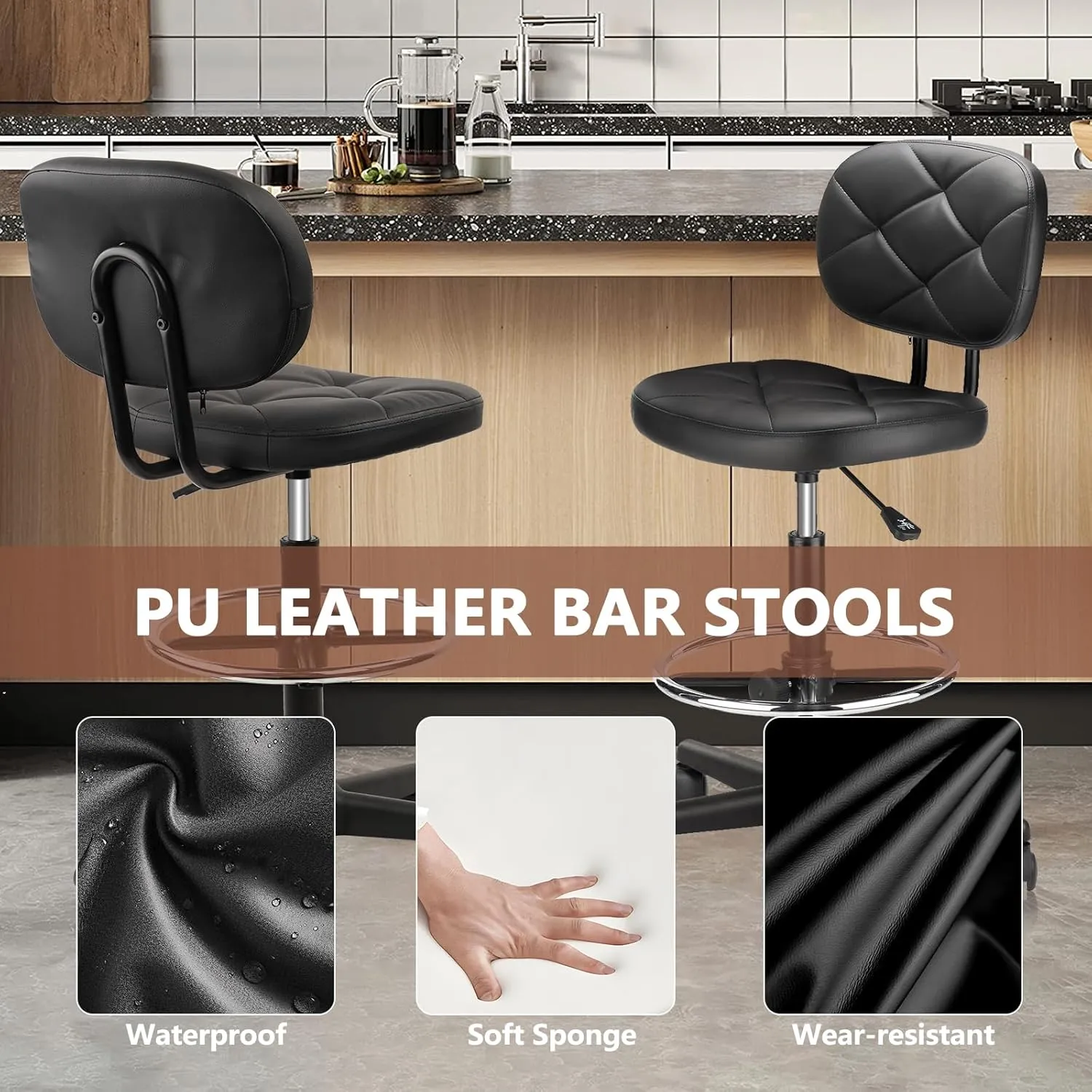 Tall Drafting Rolling Stool Chair with Low Back Support and Adjustable Foot Rest Ring Set of 2 PU Leather Vinly Wide Seat Swivel Standing Desk Chair for Office Home 2 Pack