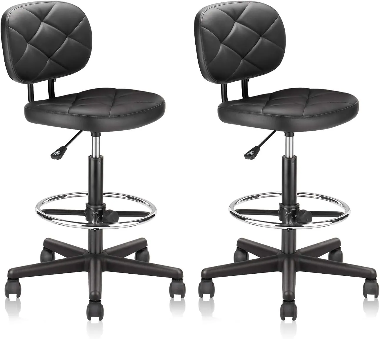 Tall Drafting Rolling Stool Chair with Low Back Support and Adjustable Foot Rest Ring Set of 2 PU Leather Vinly Wide Seat Swivel Standing Desk Chair for Office Home 2 Pack