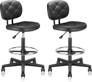 Tall Drafting Rolling Stool Chair with Low Back Support and Adjustable Foot Rest Ring Set of 2 PU Leather Vinly Wide Seat Swivel Standing Desk Chair for Office Home 2 Pack