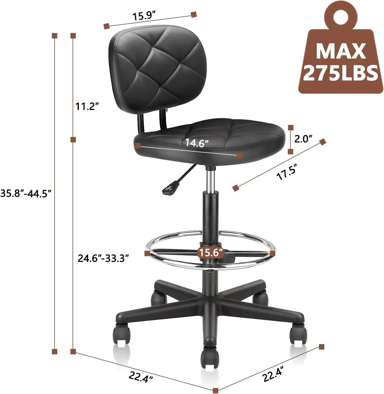 Tall Drafting Rolling Stool Chair with Low Back Support and Adjustable Foot Rest Ring Set of 2 PU Leather Vinly Wide Seat Swivel Standing Desk Chair for Office Home 2 Pack