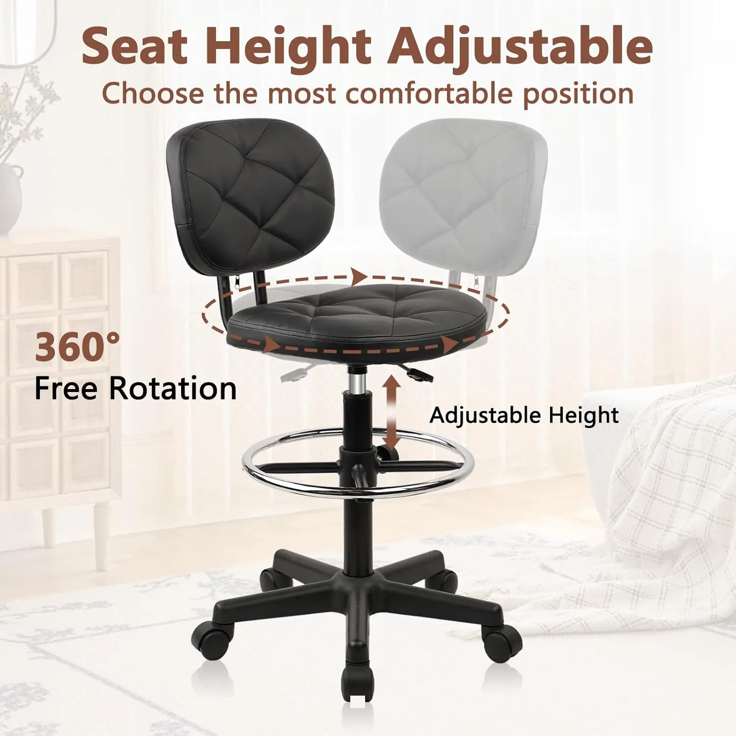 Tall Drafting Rolling Stool Chair with Low Back Support and Adjustable Foot Rest Ring Set of 2 PU Leather Vinly Wide Seat Swivel Standing Desk Chair for Office Home 2 Pack