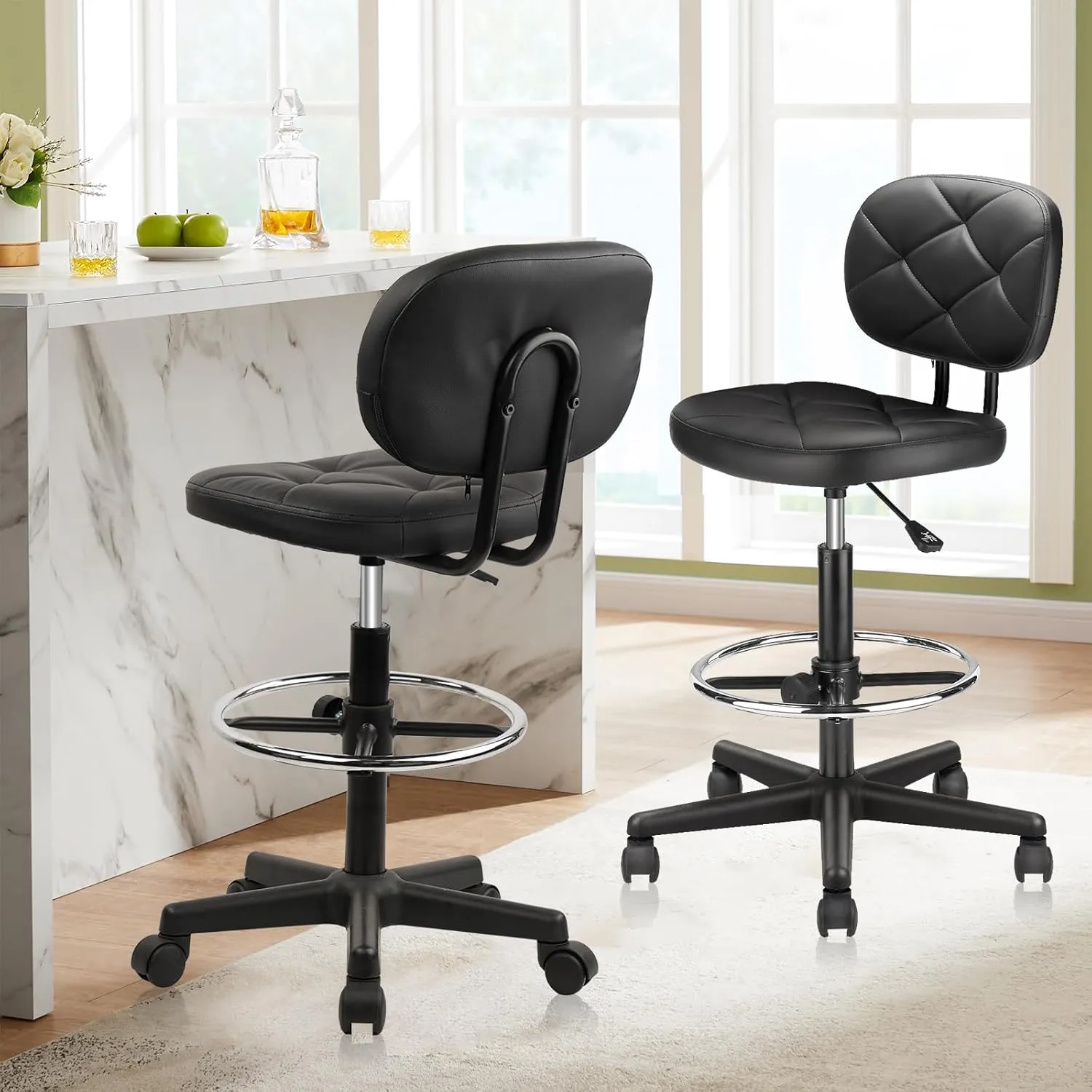 Tall Drafting Rolling Stool Chair with Low Back Support and Adjustable Foot Rest Ring Set of 2 PU Leather Vinly Wide Seat Swivel Standing Desk Chair for Office Home 2 Pack
