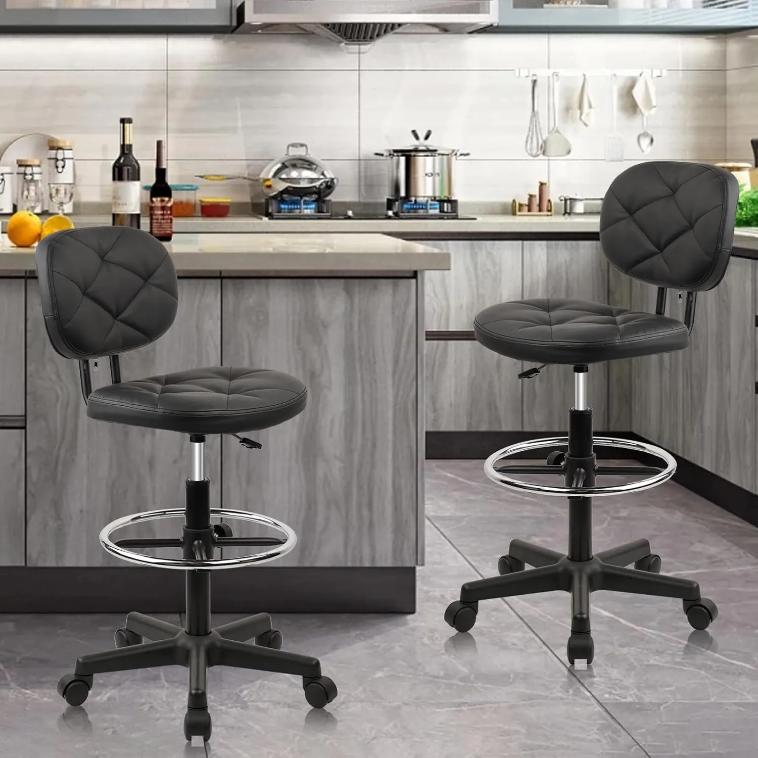 Tall Drafting Rolling Stool Chair with Low Back Support and Adjustable Foot Rest Ring Set of 2 PU Leather Vinly Wide Seat Swivel Standing Desk Chair for Office Home 2 Pack