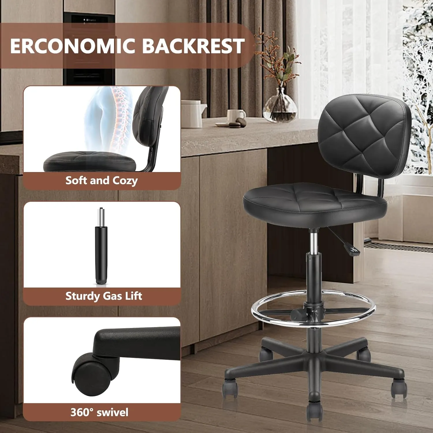 Tall Drafting Rolling Stool Chair with Low Back Support and Adjustable Foot Rest Ring Set of 2 PU Leather Vinly Wide Seat Swivel Standing Desk Chair for Office Home 2 Pack