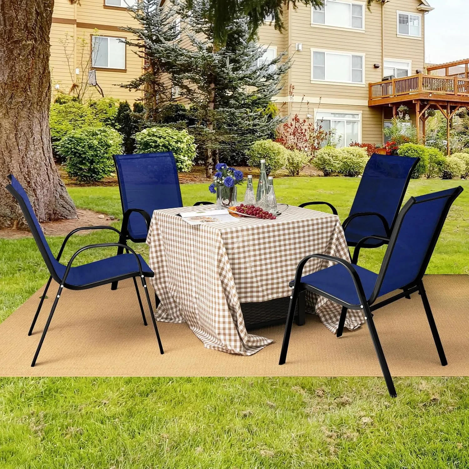 Tangkula 4 Pieces Patio Dining Chairs, Outdoor Stackable All Weather Heavy Duty Dining Chairs Set with Armrests, Support 330 LBS, for Poolside, Backyard, Garden, Deck, Front Porch (Navy)