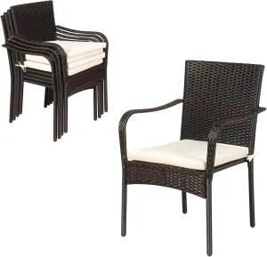Tangkula Set of 4 Patio Dining Chairs, All Weather Stackable Rattan Chairs with Removable Cushions and Armrests, Outdoor Bistro Wicker Dining Chair Set for Balcony Poolside Backyard