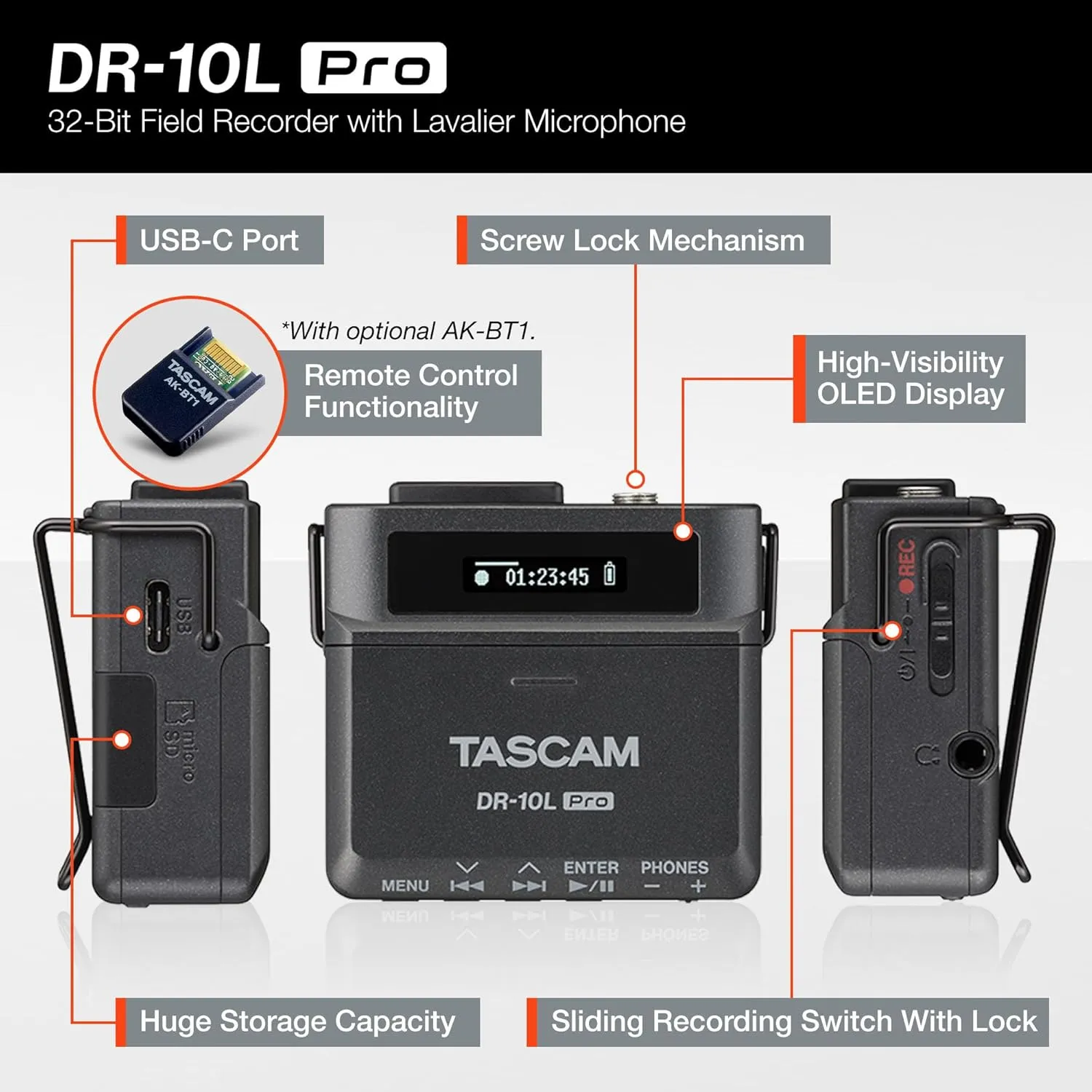 TASCAM DR-10L Pro Field Recorder with Lavalier Microphone and 32-bit Float Recording for Audio for Video — Supports 512GB microSDXC and LTC Jam Sync for Seamless Timecode Synchronization