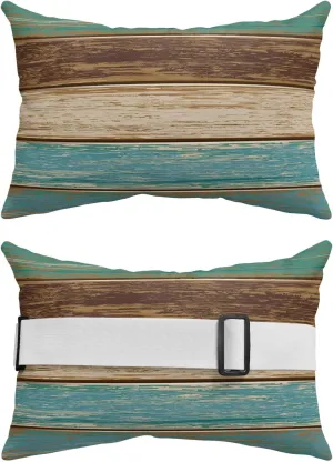 Teal Wood Grain Outdoor Chaise Lounge Head Resting Pillows 2 Pack, Farm Teal Brown Wooden Board Waterproof Patio Furniture Pillow with Insert Adjustable Elastic Stripe for Recliner Beach Chairs