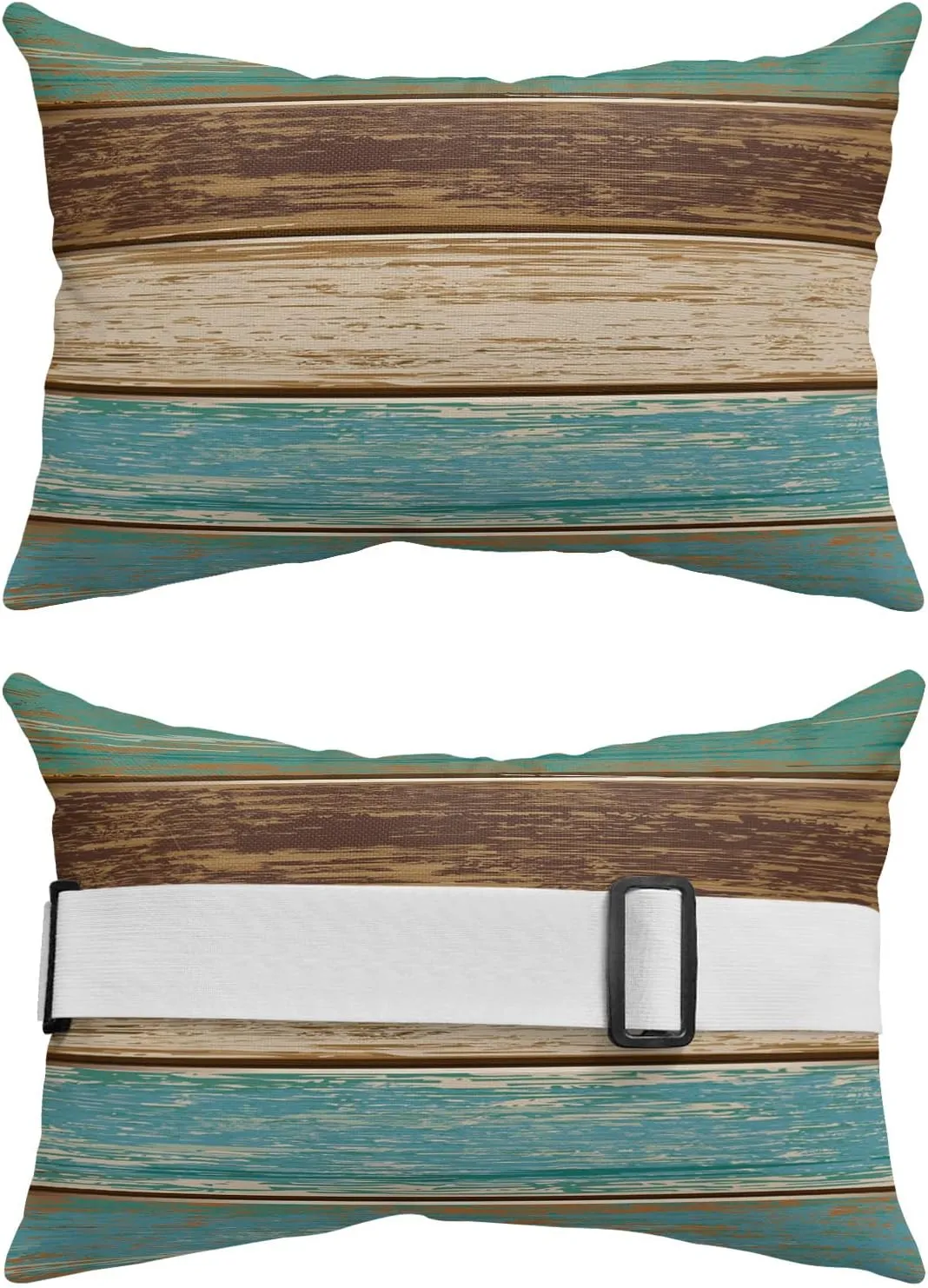 Teal Wood Grain Outdoor Chaise Lounge Head Resting Pillows 2 Pack, Farm Teal Brown Wooden Board Waterproof Patio Furniture Pillow with Insert Adjustable Elastic Stripe for Recliner Beach Chairs