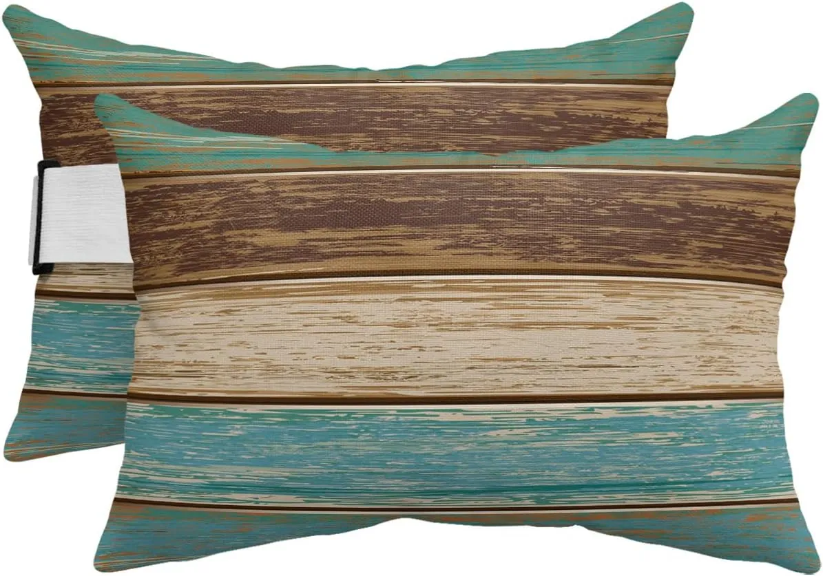 Teal Wood Grain Outdoor Chaise Lounge Head Resting Pillows 2 Pack, Farm Teal Brown Wooden Board Waterproof Patio Furniture Pillow with Insert Adjustable Elastic Stripe for Recliner Beach Chairs