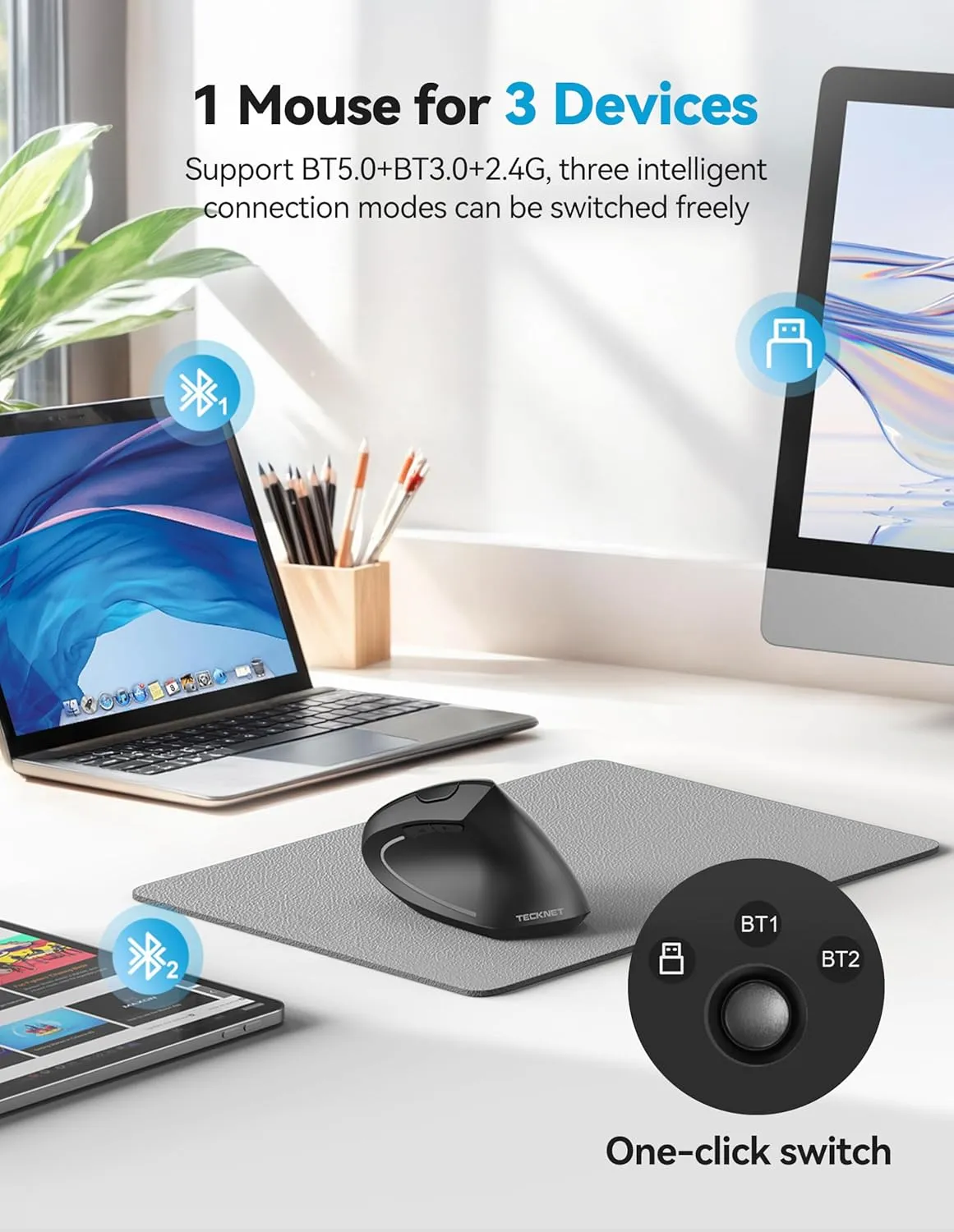 TECKNET Ergonomic Mouse, Rechargeable 2.4G Bluetooth Vertical Mice 6 DPI Adjustable, Wireless Optical Carpal Tunnel Mouse for Right Hand, Silent 6 Buttons for Laptop, PC, MacBook, iPad - Black