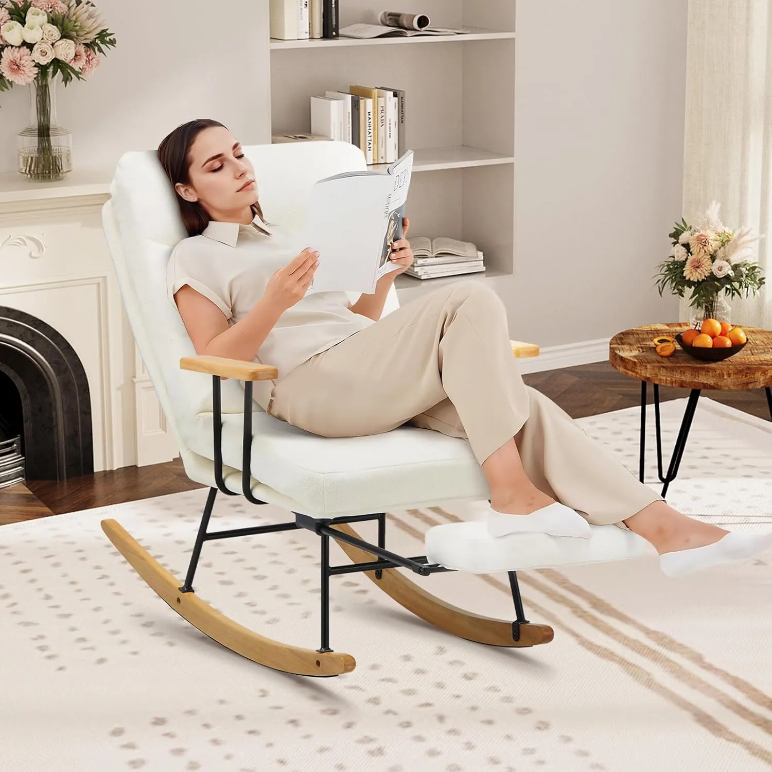 Teddy Upholstered Rocking Chair with Retractable Footrest and Adjustable Backrest - Modern Accent Chair for Living Room/Nursery/Bedroom/Outdoor - Beige