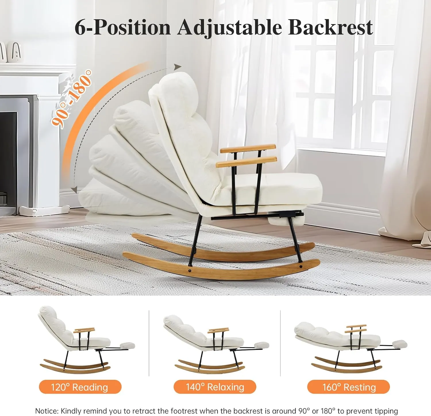 Teddy Upholstered Rocking Chair with Retractable Footrest and Adjustable Backrest - Modern Accent Chair for Living Room/Nursery/Bedroom/Outdoor - Beige