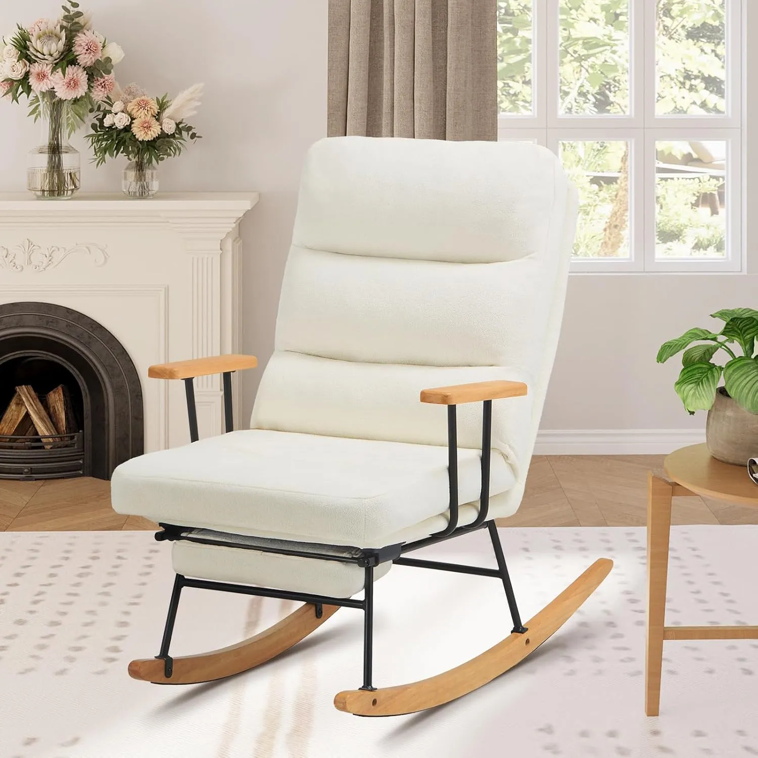 Teddy Upholstered Rocking Chair with Retractable Footrest and Adjustable Backrest - Modern Accent Chair for Living Room/Nursery/Bedroom/Outdoor - Beige