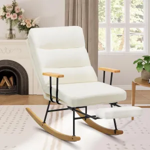 Teddy Upholstered Rocking Chair with Retractable Footrest and Adjustable Backrest - Modern Accent Chair for Living Room/Nursery/Bedroom/Outdoor - Beige