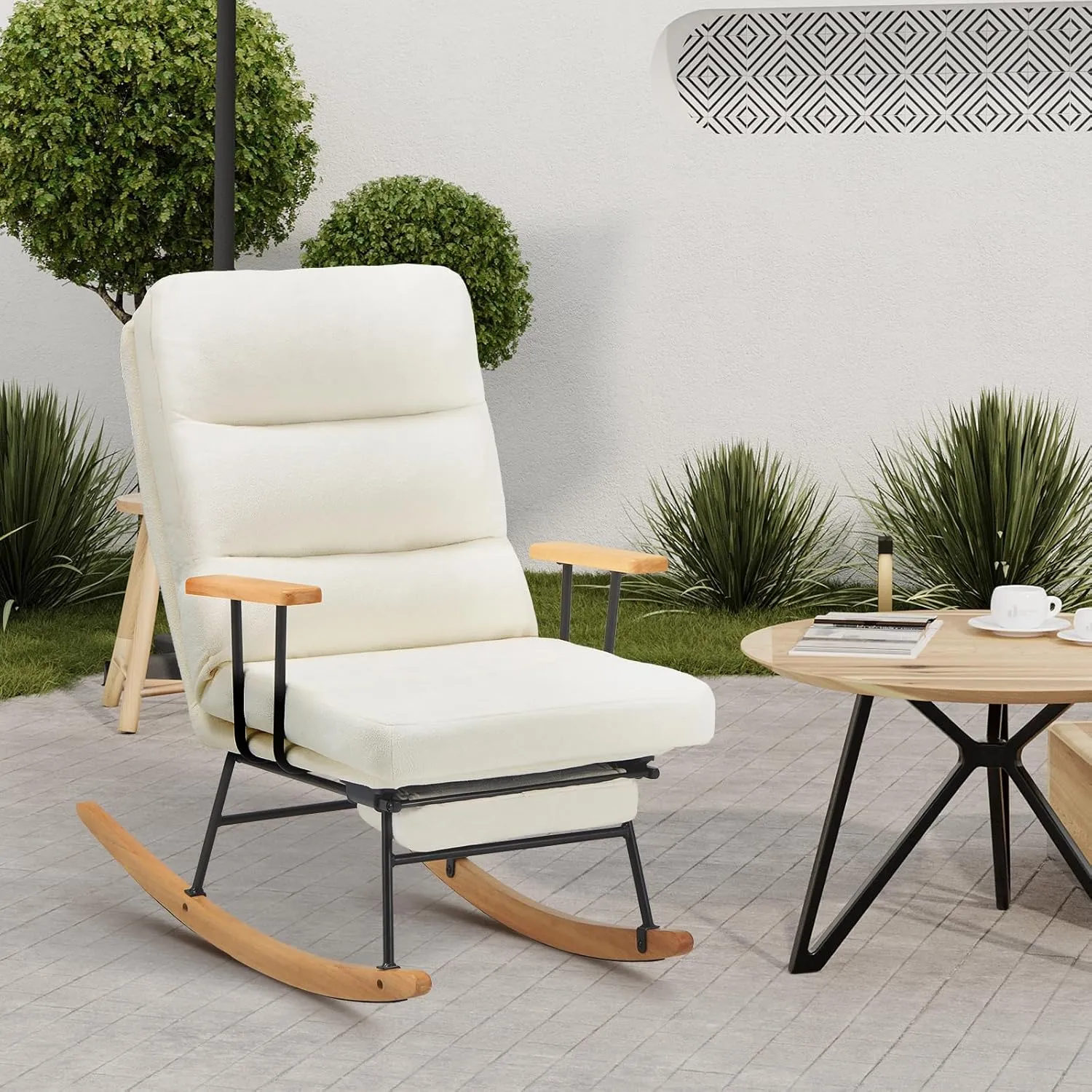 Teddy Upholstered Rocking Chair with Retractable Footrest and Adjustable Backrest - Modern Accent Chair for Living Room/Nursery/Bedroom/Outdoor - Beige