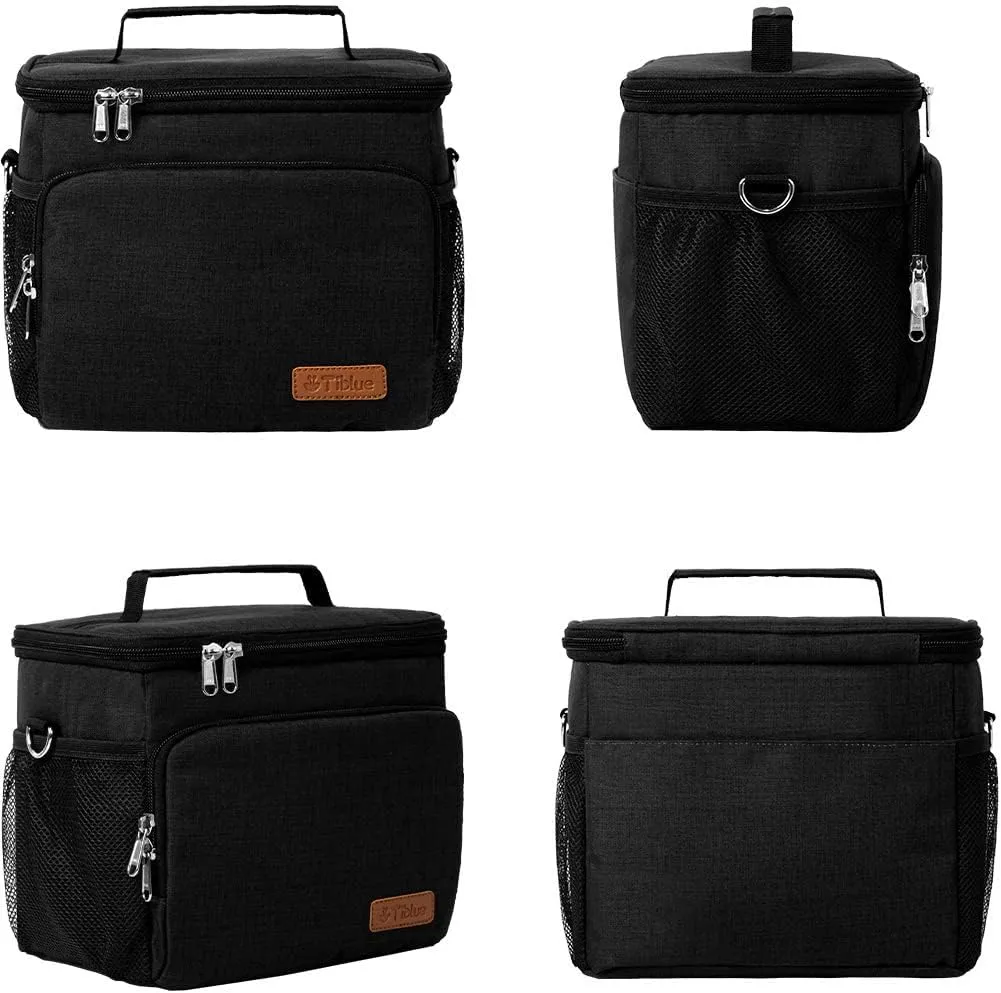 Tiblue Insulated Lunch Bag for Women/Men, Reusable Lunch Box for Office Work School Picnic Beach - Leakproof Freezable Cooler Bag with Adjustable Shoulder Strap for Kids/Adult(Medium,Black)