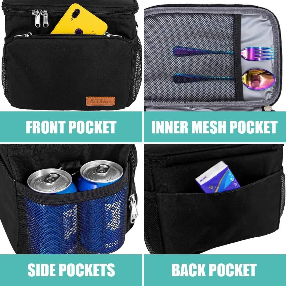 Tiblue Insulated Lunch Bag for Women/Men, Reusable Lunch Box for Office Work School Picnic Beach - Leakproof Freezable Cooler Bag with Adjustable Shoulder Strap for Kids/Adult(Medium,Black)
