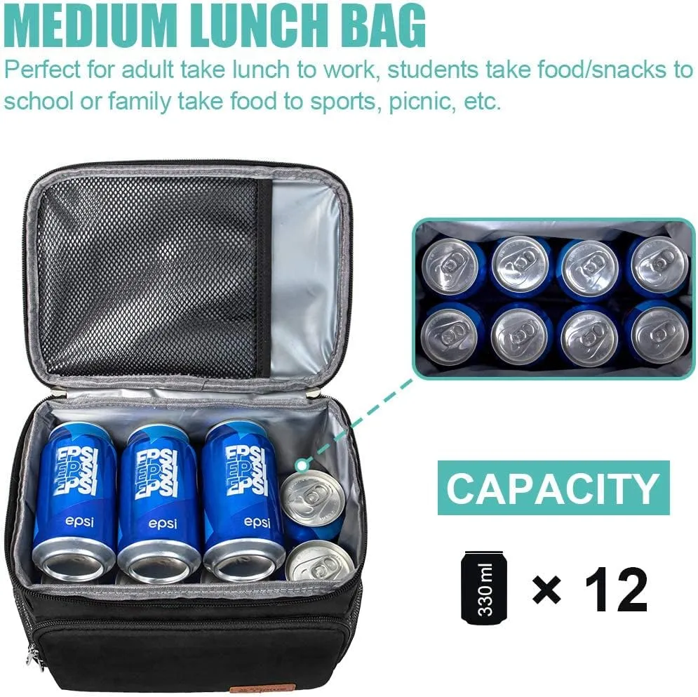 Tiblue Insulated Lunch Bag for Women/Men, Reusable Lunch Box for Office Work School Picnic Beach - Leakproof Freezable Cooler Bag with Adjustable Shoulder Strap for Kids/Adult(Medium,Black)