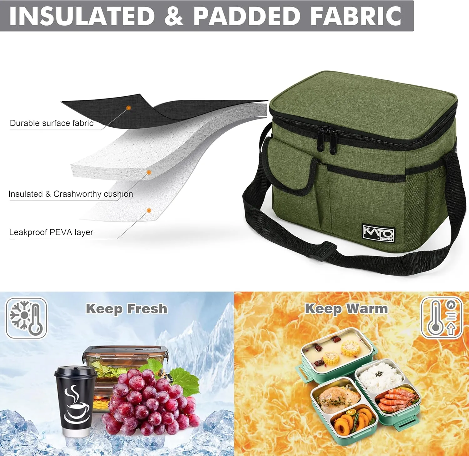 Tirrinia Insulated Lunch Box for Women Men, Leakproof Reusable Lunch Bag Containers for Adult,Working,Office,Lunch Soft Cooler Bag Tote for Picnic Hiking Beach,Green